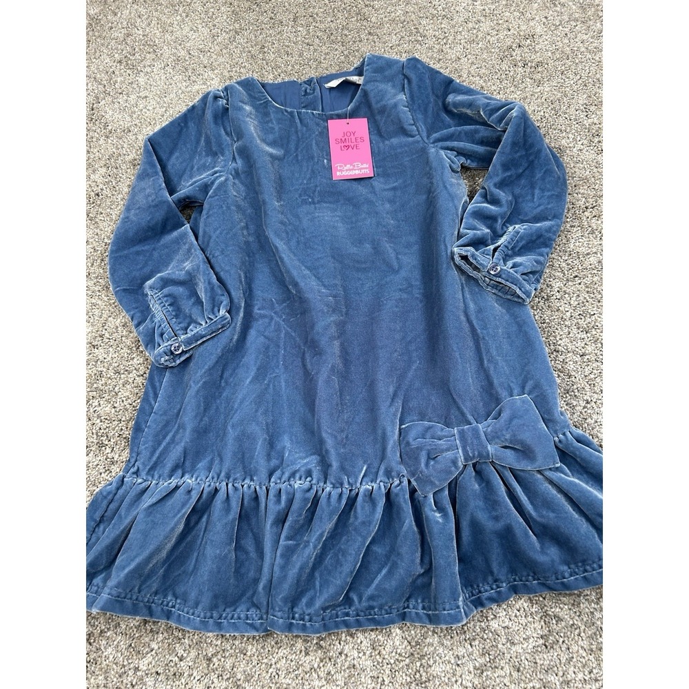 New Ruffle Butts Countryside Blue Velvet Drop Waist Dress Long Sleeve Sz 7 #0326